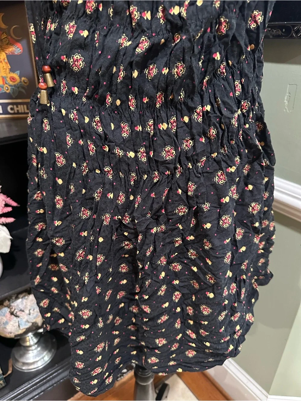 Free People “Clementina” Black Floral Smocked Dress Size Small